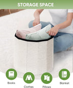 B FSOBEIIALEO Storage Ottoman Cube, Round Ottomans with Storage Foot Stool Footrest for Lving Room, Boucle Ottoman Seat for Dorm Room,Faux Teddy Fur, White 15"x15"x13.19"