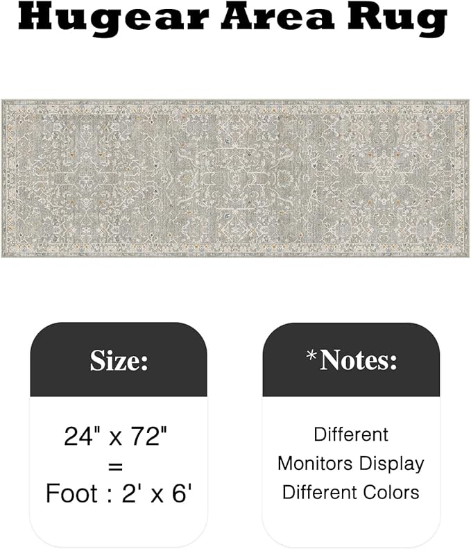 HUGEAR 2x6 Runner Rug Hallway Retro Grey Machine Washable Vintage Floral Low Pile Carpet Vacuumable Distressed Long Throw Rug Bedroom Office Bathroom Kitchen Laundry Non Slip Soft Lightweight