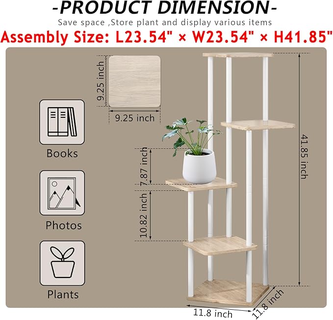 AZERPIAN Plant Stand 5 Tier Indoor Metal Flower Shelf for Multiple Plants Corner Tall Flower Holders for Patio Garden Living Room Balcony Bedroom, Black (5 Tier-White)