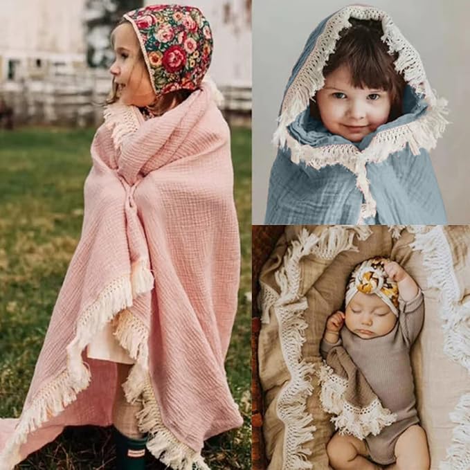 insular Cotton Muslin Baby Blanket with Tassel, Boho Bohemian Muslin Swaddle Blanket Baby Receiving Blanket with Fringe, Nursery Decor Throw or Nursing Blankets, 47" x40”, Blue