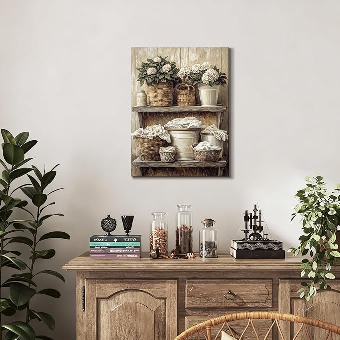 Dazzlewall Framed Vintage Farmhouse Wall Art Decor, Rustic Floral Woven Basket Artwork Print for Laundry Bathroom Retro Botanical Bathroom Wall Decor, 12x16 in