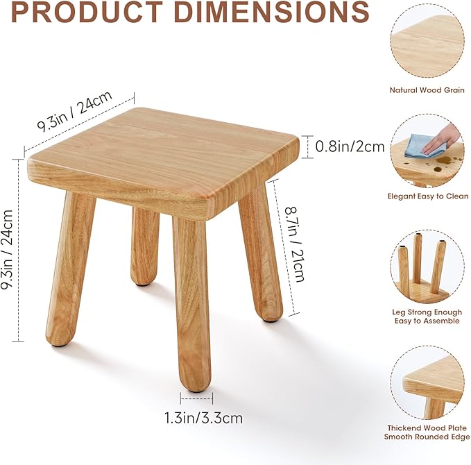9 Inch Small Wooden Step Stool, multi-functional footstool, shoe changing stool, indoor plant stand, portable and sturdy, suitable for living room, kitchen, bedroom, bathroom (Natural wood color)