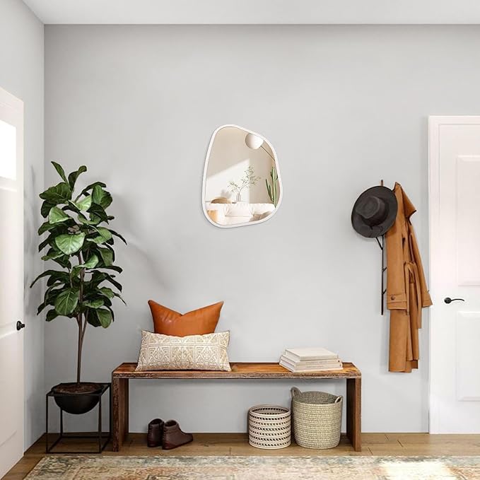 Asymmetrical Mirror Small 16"x12" Irregular Wall Mirror Modern Wood Frame Unique Shape Wall Mounted Vanity Artistic Mirror Decorative for Living Room Bedroom Bathroom Entryway Hallway