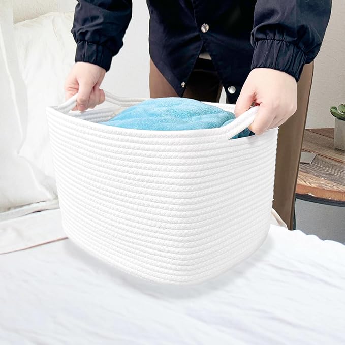 ABenkle Cotton Rope Storage Basket, Decorative Organizer with Handles, Rectangle Baby Nursery Baskets for Shelves Closet, 13.5x11x9.5-Inches, White