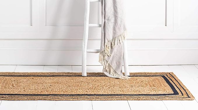 Unique Loom Braided Jute Collection Classic Quality Made Natural Hand Woven with Coastal Design Area Rug (2' 6 x 6' 0 Runner, Natural/ Navy Blue)