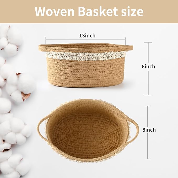 Brown Woven Cotton Rope Storage Basket with Lace Trim, Collapsible Toy Organizer, 13" D x 8" W x 6" H, Decorative Basket for Nursery