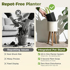 Bamworld Single Plant Holder for Indoor Plants Metal Planter Stand Wooden Leg White Plant Stand Indoor Flower Pot Stand Plant Pot with Stand for Living Room Office Bedroom Decor Modern Home Decor