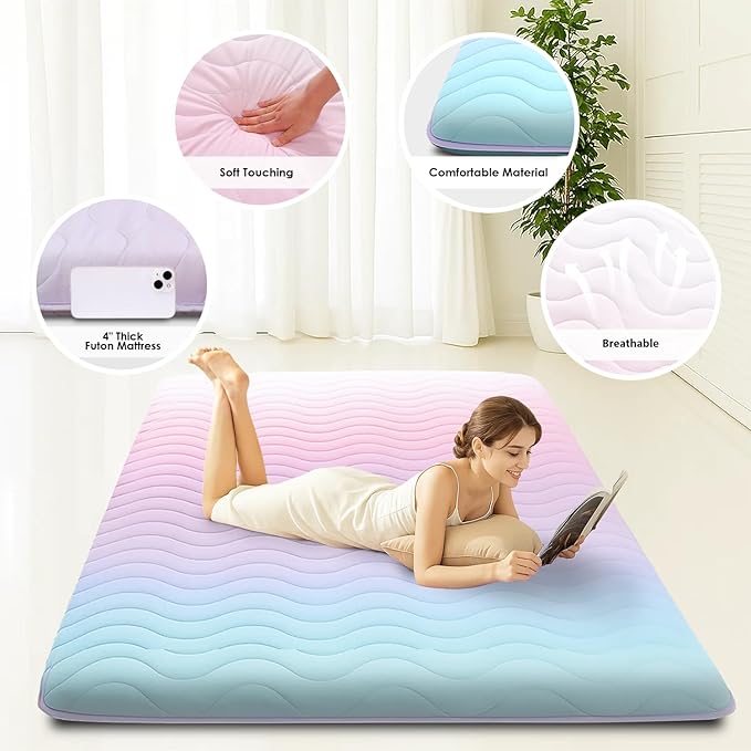Japanese Floor Futon Mattress, 3.5" Thicken Colorful Rainbow Portable Floor Mattress, High-Density Foam Tatami Mat Sleeping Pad for Camping Guest Room Dormitory RV, Full