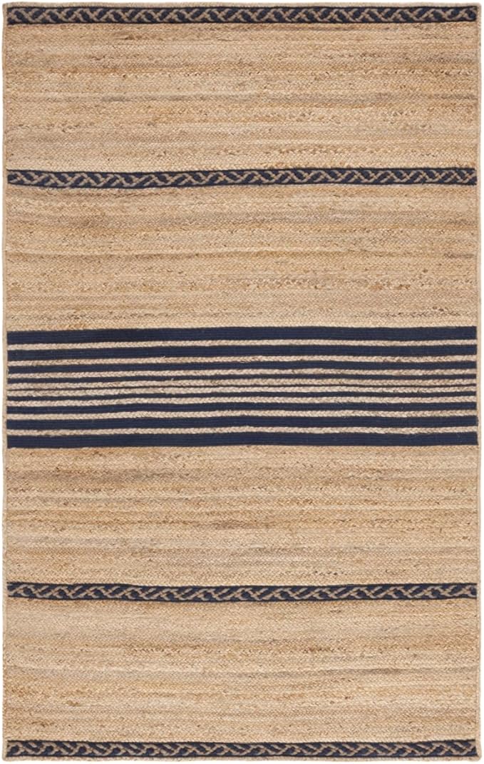 SAFAVIEH Natural Fiber Collection Area Rug - 5' x 8', Natural & Navy, Handmade Stripe Boho Farmhouse Rustic Braided Jute, Ideal for High Traffic Areas in Living Room, Bedroom (NFB262N)