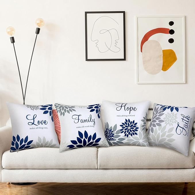Tatuo 4 Pcs Flower Pillow Covers Square Spring Pillow Cushion Cases 18 x 18 Inch Family Faith Hope Love Words Decorative Summer Winter Cushion Case for Bed Couch Sofa Living Room(Gray Series)