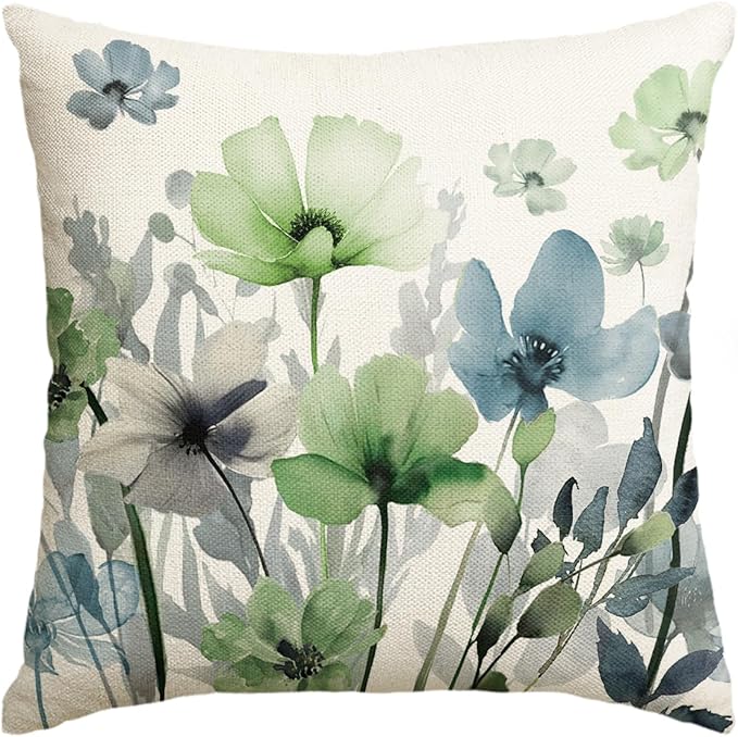 AVOIN colorlife Poppy Flowers Chinoiserie Fall Throw Pillow Cover, 18 x 18 Inch Blue Sage Green Seasonal Leaves Cushion Case Decoration for Sofa Couch Farmhouse