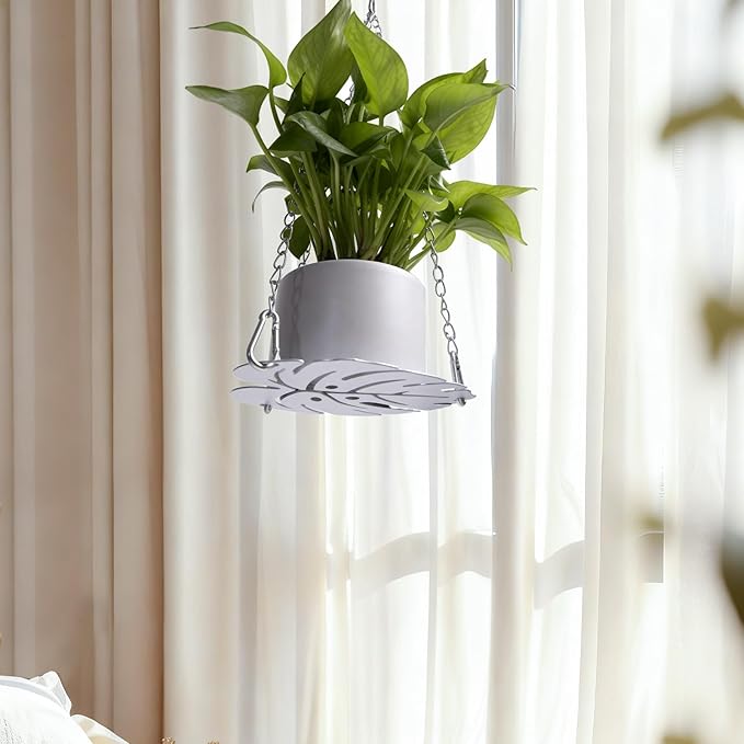 Hanging Planter for Indoor Plants, Monstera Handing Plant Pot Holder, White Metal Plant Hanger Shelf with Silver-Chains Plants Window Home Decor (Not Included Plants/Pots)