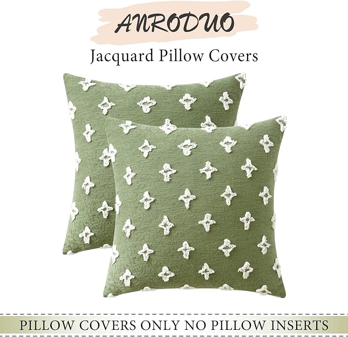 ANRODUO Pack of 2 Sage Green Floral Boho Decorative Throw Pillow Covers with Tufted Rhombic Jacquard for Room Decor Pillow Covers 18x18 Cute and Soft Pillowcase for Couch Sofa and Living Room Fall