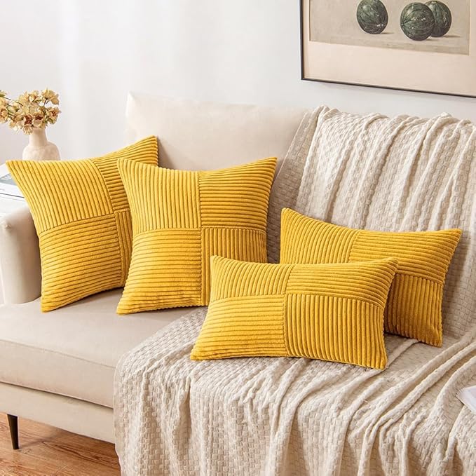 MIULEE Mustard Yellow Decorative Euro Sham Pillow Covers 24x24 Inch for Bed Couch Sofa Pack of 2 Boho Farmhouse Throw Pillows Soft Cross Corduroy Patchwork Textured Cushion Cases