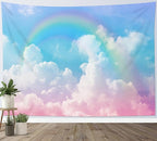 LB Cloud Rainbow Wall Tapestry Pastel Rainbow Pink White Cloud with Blue Sky Tapestry Nature Landscape Wall Decor for Bedroom Living Room Dorm 92.5Wx70.9L Inches