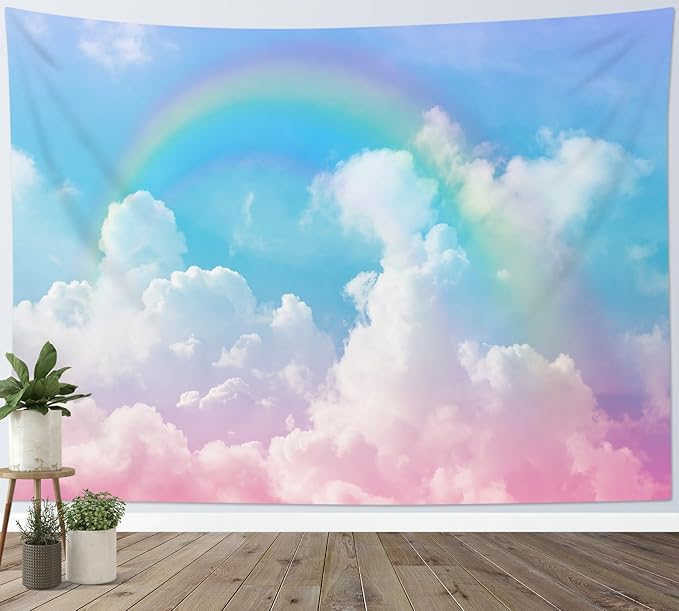LB Cloud Rainbow Wall Tapestry Pastel Rainbow Pink White Cloud with Blue Sky Tapestry Nature Landscape Wall Decor for Bedroom Living Room Dorm 80Wx60L Inches