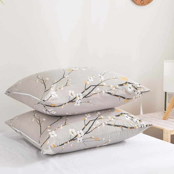 NANKO Floral Pillow Case Set (2 Pack), Tan Gray Plum Blossom Flower Pattern Printed Pillowcases/Pillow Shams - 20x30 inch Standard Queen Size