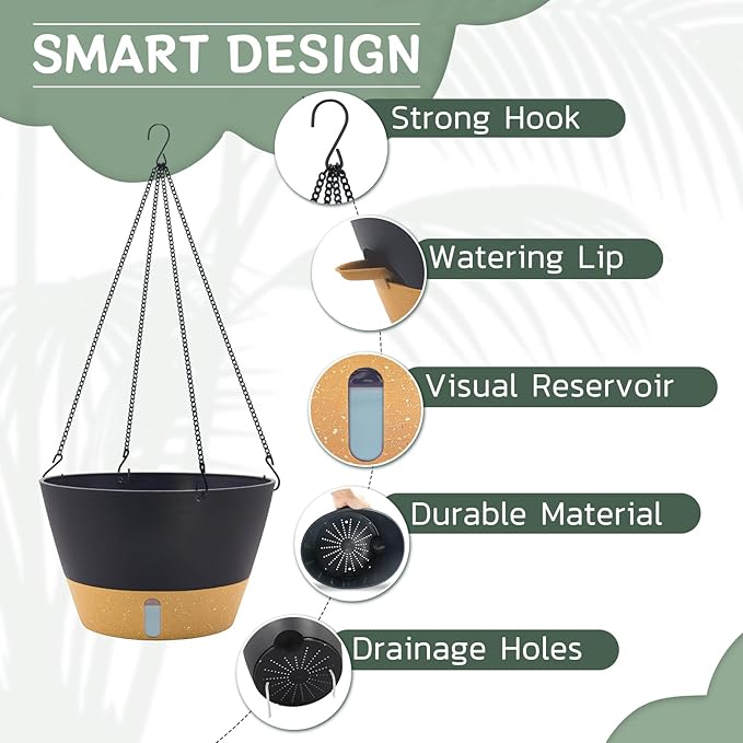 ZMTECH 3 Pack 12 Inch Hanging Planters for Indoor Plants, Large Self Watering Hanging Planter with Visible Water Level & Heavy Duty Chain, Dark Gray Outdoor Flower Pots