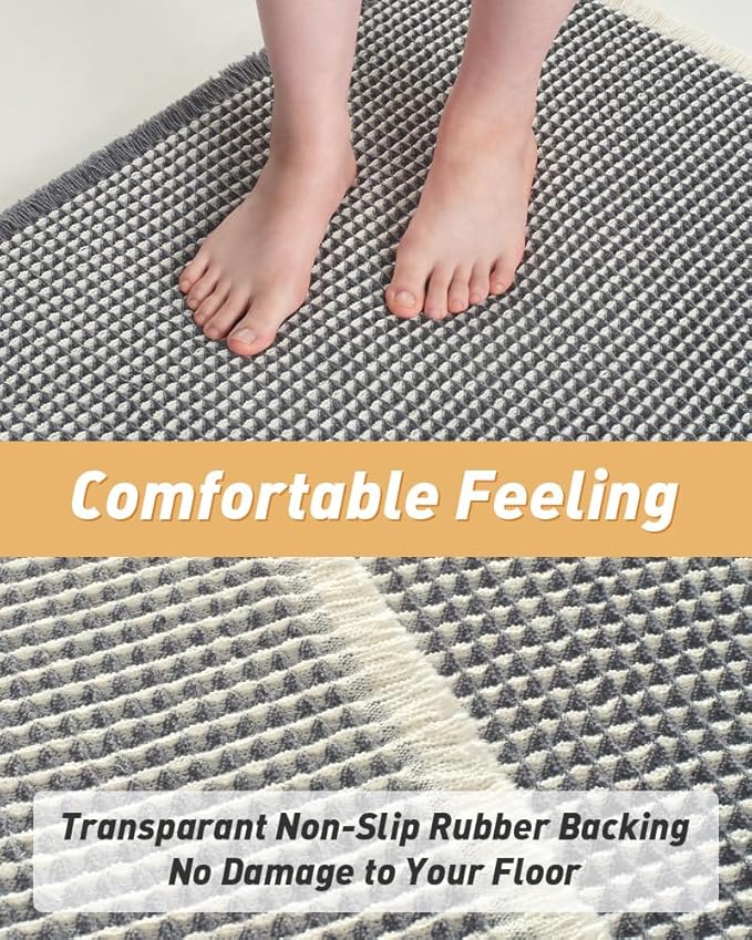 AMOAMI Upgraded Waffle Runner Rug Super Absorbent Non Slip Bath Mats for Bathroom Machine Washable Bathroom Runner Rug with Tassels, Ideal for Hallway Bedroom Laundry Room, 2' x 6', Darkgrey & Cream