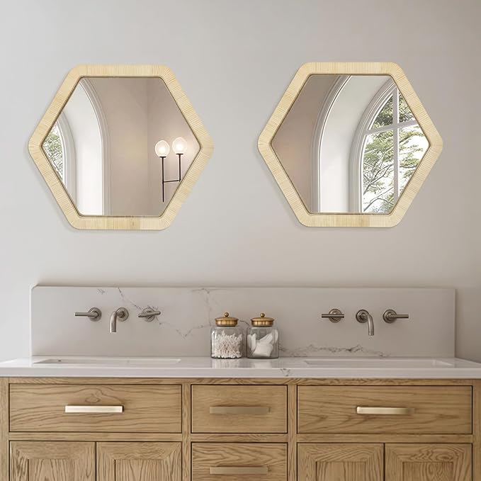 ULIKE Rattan Wicker Mirror for Wall, Boho Woven Bathroom 24 Inch Rustic Farmhouse Wall Decor with Handmade Rattan Frame, Boho Mirror for Nursery Bedroom Living Room Entryway