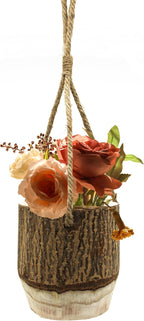 CVHOMEDECO. Farmhouse Hanging Planter Rustic Wood Plant Holder Natural Bark Flower Pot with Hemp Rope Hanger for Garden and Indoor Decor.