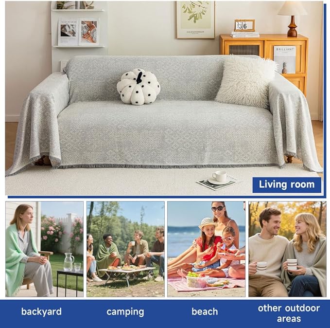 ROOMLIFE Gray Couch Cover Boho Sofa Covers for 3 Cushion Couch Washable, Furniture Protector Sofa Couch Cover for Dogs, Soft Breathable Sofa Slipcover, Couch Throw Blankets with Tassels 71''X134''