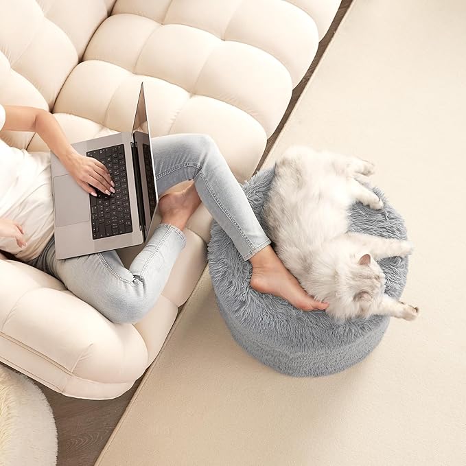 Hansleep Round Pouf Ottoman Foot Rest, 20 x 15 Small Faux Fur Stuffed Pouf for Chair, Foam Filled Foot Stools Ottomans for Living Room, Grey