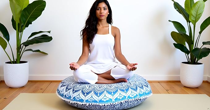 ICC 32" Blue Mandala Floor Pillow Cushion Cover Seating Throw Cover Hippie Decorative Bohemian Ottoman Poufs Cover, Pom Pom Pillow Cases, Boho Indian