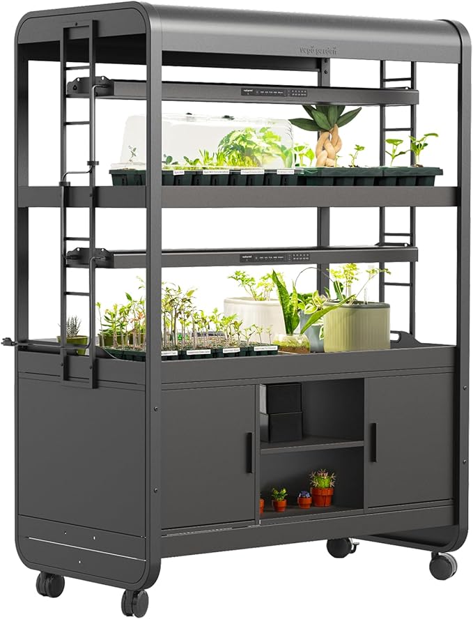 Vego garden 3 Tier Rolling Metal Corner Plant Stand Indoor with 2 Ultimate Grow Light, Powerful 60 W Full-Spectrum LEDs, with Storage Plant Rack for Seed Starting, Leafy, Herbs, Matte Black