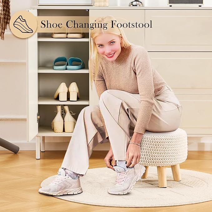 Boho Ottoman Foot Stool Cotton Knitted Round Pouf Ottoman Foot Rest Stool with Non-Skid Wooden Legs Step Stool Padded Seat for Living Room White
