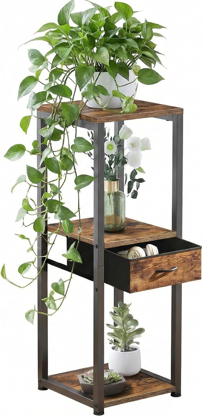 3 Tier Tall Plant Stand with Fabric Drawer , 32.5" Corner Plant Stands for Indoor Plants Multiple, Small Side Table for Indoor Plants