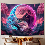 JAWO Tree Life Tapestry Aesthetic, Colorful Pink Flowers Sun and Moon Art Tapestry Wall Hanging for Girls Bedroom, Cool Nature Galaxy Yin Yang Anime Tapestries Poster of Dorm Home Decor 60X40 Inches