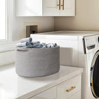 Gray Storage Basket, 17"x12"x8" Woven Cotton Rope Storage Bin, Wicker Kids Dog Toy Box, Baskets for Gifts Empty, Bathroom Towel Organizer, Blanket Holder, Baby Nursery Shelf Closet Bin