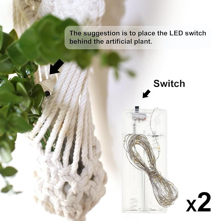 Macrame Wall Hanging Plants with LED Lights, White Cotton Rope, Wooden Dowel, Boho Woven Plant Holders with Artificial Eucalyptus Leaves, Wall Decor, Set of 2 (Green)