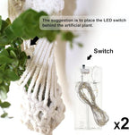 Macrame Wall Hanging Plants with LED Lights, White Cotton Rope, Wooden Dowel, Boho Woven Plant Holders with Artificial Eucalyptus Leaves, Wall Decor, Set of 2 (Green)