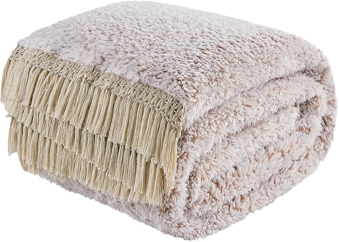 EMME Soft Sherpa Fleece Blanket with Tassel, Reversible Plush Fluffy Large Blanket, Light Weight Warm Decorative Boho Blanket Cover for Sofa, Couch, Bedroom,Travel(Tassel Khaki,108"x90")