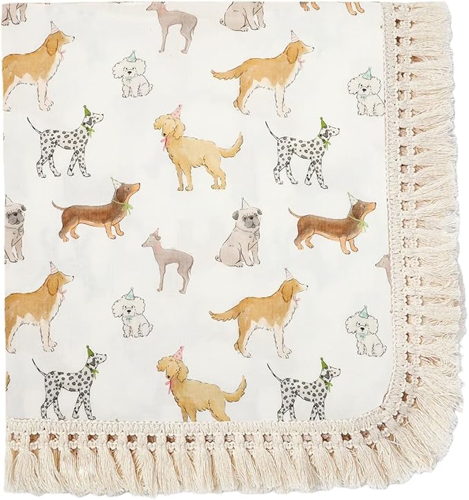 insular Cotton Muslin Baby Blanket with Tassel, Boho Bohemian Muslin Swaddle Blanket Baby Receiving Blanket with Fringe, Nursery Decor Throw or Nursing Blankets, 47" x40”, Party Dogs