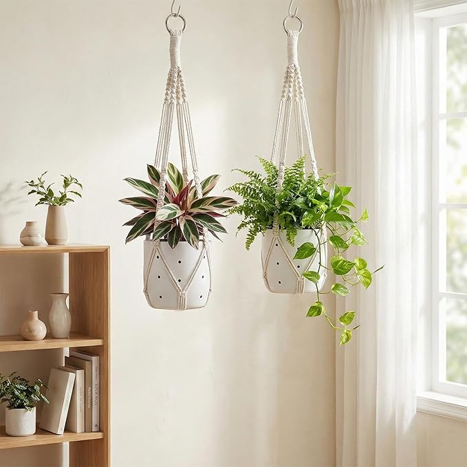 Macrame Plant Hanger, 2 Pcs Boho Hanging Planters for Indoor Outdoor, Decorative Braided Cotton Rope Flower Pot Hanging Plant Holder with Metal Rings