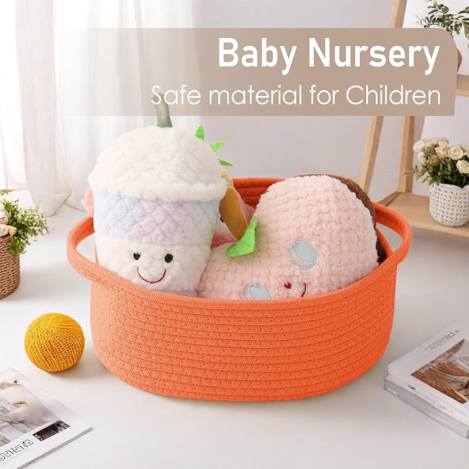Woven Basket,Small Rope Storage Bin with Handles & Ribbon Bag, Organizer for Shelves Closets,Gift Basket Empty for Birthday,Books,Dog Toys,Orange/3 Pack