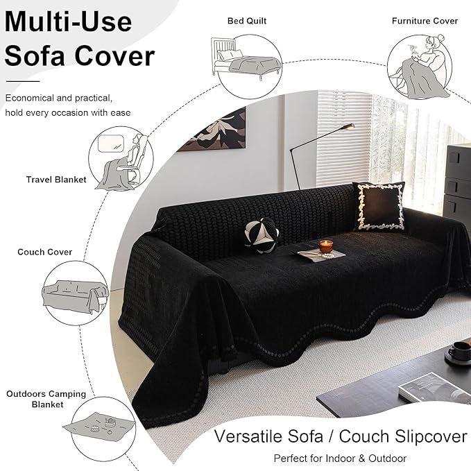 ROOMLIFE Black Couch Cover Sofa Covers, Chenille Couches Covers for 3 Cushion Sofas, Non Slip Soft Breathable Sofa Slipcovers for Pet, Washable Furniture Protector with Tassel,71''X134”