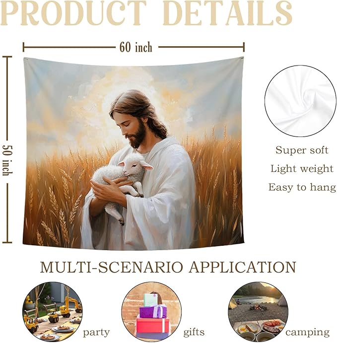 bitCNY Jesus Holding Lamb Tapestry 60x50 Inches – Christian Religious Wall Art, Good Shepherd Tapestry for Living Room Bedroom, Comforting Faith Decor