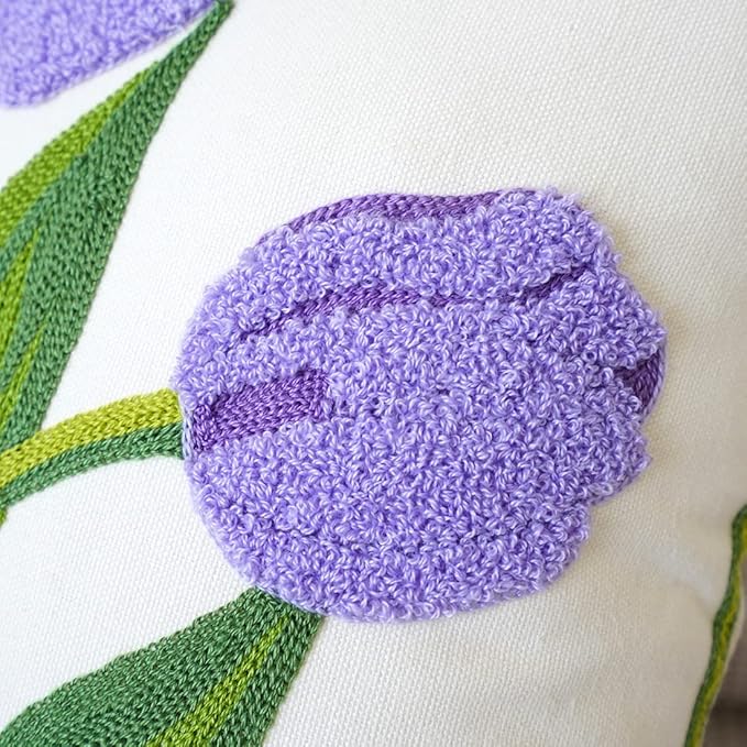 vctops Farmhouse Tulip Cotton Tufted Throw Pillow Cover Spring Floral Embroidery Pillowcase Soft Square Cushion Case for Sofa Couch Bed Chair (Purple,18"x18")