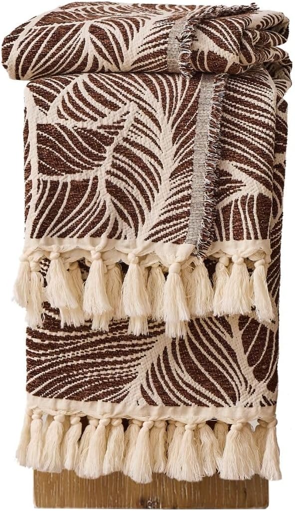 DOWN HOME Chenille Cotton Throw Blanket for Couch, Lightweight Boho Blanket for Bed Sofa Chair Living Room Outdoor Soft Woven Decorative Blanket with Tassel Gift Brown Leaves 60"x80"
