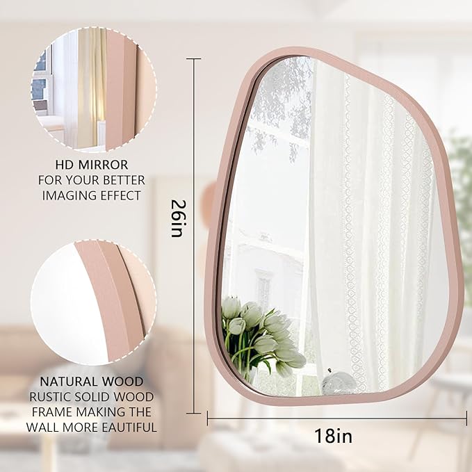 Irregular Wall Mirror 26"x18", Asymmetrical Large Bathroom Mirror Wood Framed Modern Artistic Decorative Vanity Mirrors for Bedroom Living Room Entryway Hallway