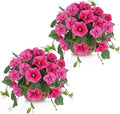 Briful 2 Pack Fake Morning Glory with Handwoven Basket - 8.2" Hot Pink Faux Potted Flowers Silk Floral Table Centerpiece for Home Office Room Shelf Desk Decor