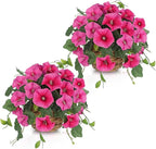 Briful 2 Pack Fake Morning Glory with Handwoven Basket - 8.2" Hot Pink Faux Potted Flowers Silk Floral Table Centerpiece for Home Office Room Shelf Desk Decor