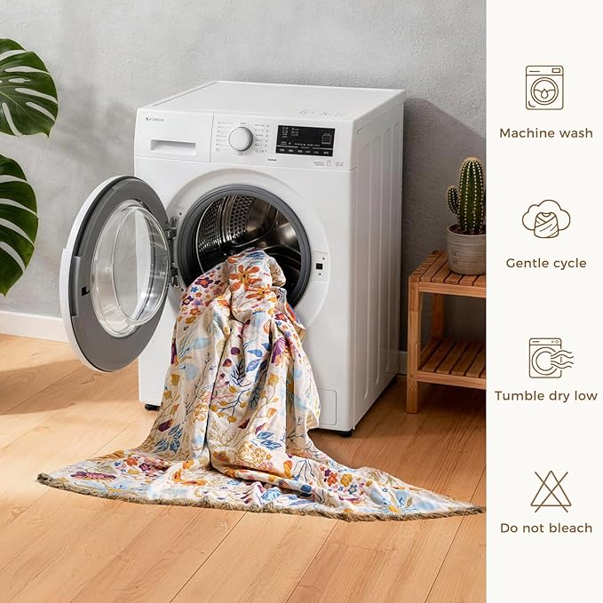 Boho Throw Blanket with Florals & Leaves Embroidery Reversible Lightweight Spring Cotton Gauze Throws for Couch,Bed,Sofa & Chair Decor - Bohemian Living Room Accent Gift 50"x60"