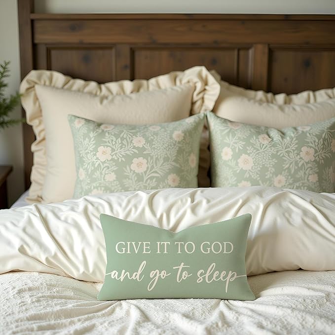 Farmhouse Sage Green Pillow Covers 12x20 Inch Set of 2 – Christian Lumbar Decorative Throw Pillowcase – Give It to God and Go to Sleep/Relax God’s Got This – Faith Decor for Home