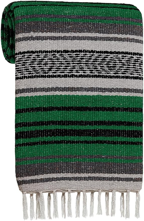 Large Mexican Blanket in Kelly Green — Handcrafted Serape Falsa Yoga Blanket (73” x 48”) – Throw for Camping, Beach & Outdoor Use – Artisan Craft, Made in Mexico from Recycled Fibers