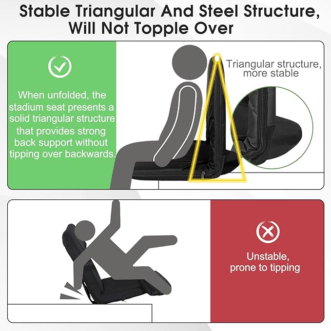 Stadium Seats Cushion for Bleachers with Strong Back Support, Folding Bleacher Seat with 20In Wide Cushion, 4LBS Lightweight, 6 Reclining Positions, Multifunctional Floor Chair for Indoor or Outdoor